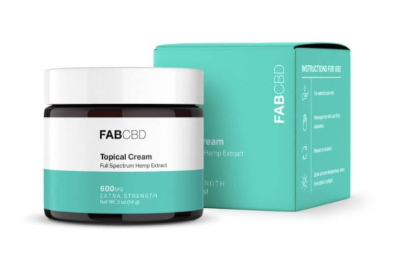 Jar of FABCBD topical cream with turquoise box behind.