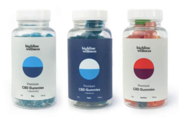Three different clear bottles with white caps of Highline Wellness CBD gummies.