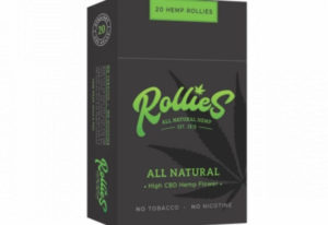 Pack of Rollies hemp cigarettes standing upright with a white background. The box is black with lime green writing.