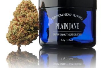 Blue glass eighth jar full of Plain Jane hemp flower with a nug standing upright leaning on it.