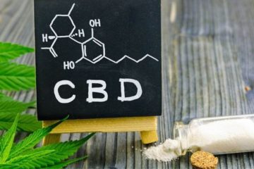 A bottle of CBD isolate powder laying on its side with some pouring out and a chalkboard with the CBD molecule drawn on it.