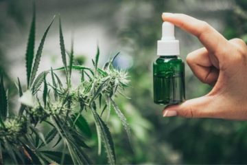 Womens hand extented out holding a green bottle with white eye dropper full of CBD with an indoor hemp flower garden in the background.