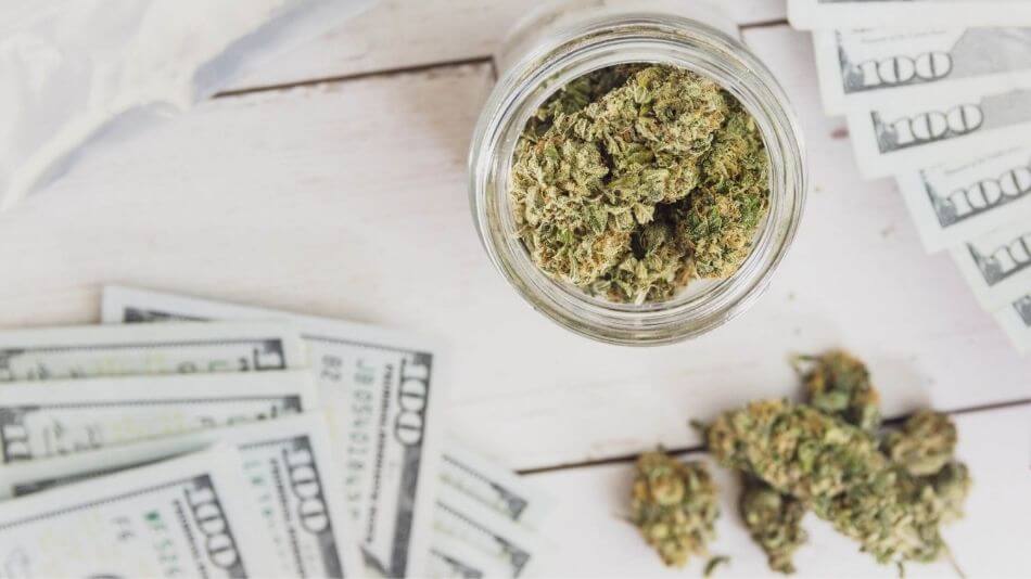 Jar of cbd flower with hundred dollar bills to the left and right.