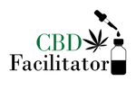 CBD in dark green over Facilitator in black with a black cannabis leaf and black tincture bottle and eyedropper to the right.