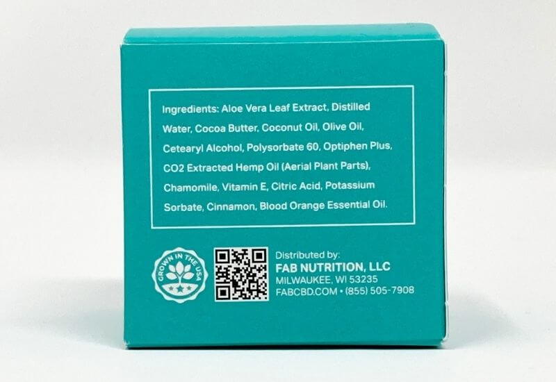 Fab CBD topical cream box from behind. Displays the ingredients.