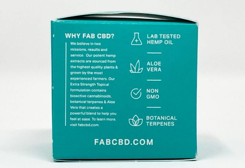 Fab CBD topical cream box side view. Displaying why choose Fab CBD.