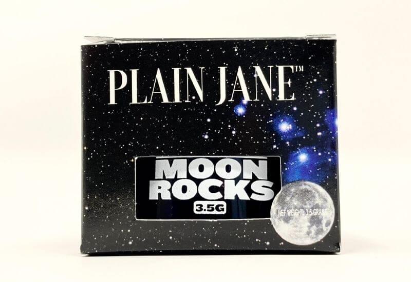The front of the Plain Jane moon rocks box displaying the Moon Rocks logo..