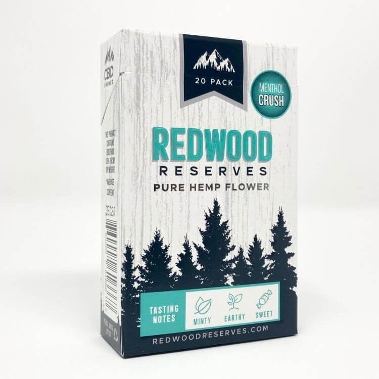 Redwood Reserve menthol CBD hemp flower cigarette box.
