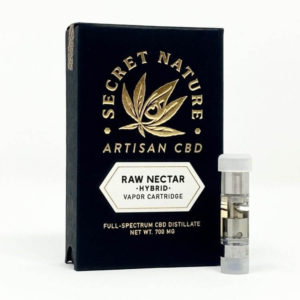 Secret Nature Raw Nectar Full Spectrum CBD vape cartridge standing upright next to its box.