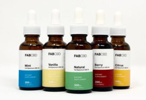 All five flavors of FAB CBD oil standing next to each other.