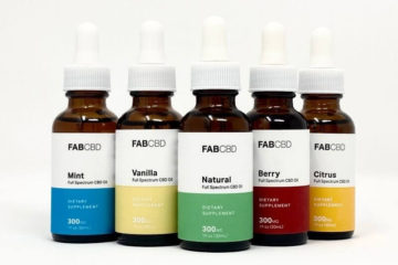 All five flavors of FAB CBD oil standing next to each other.