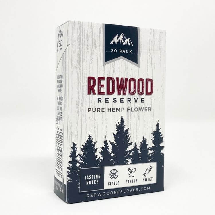 Redwood Reserve original CBD hemp flower cigarette box.